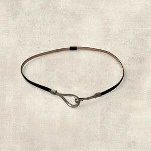 Black Slim Genuine Leather Adjustable Belt with Silver Teardrop Hook Buckle